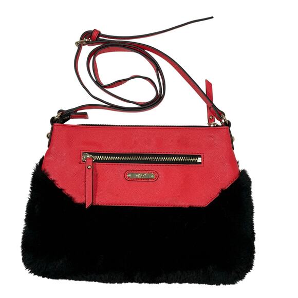 Vintage Sharif Red Black Eye Appliqué Crossbody Bag Faux Fur Leather 8x11 - Picture 4 of 9